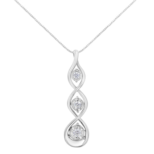 Front view of a white metal necklace pendant with a twisted open loop design, featuring three round white gemstones set in a miracle setting.
