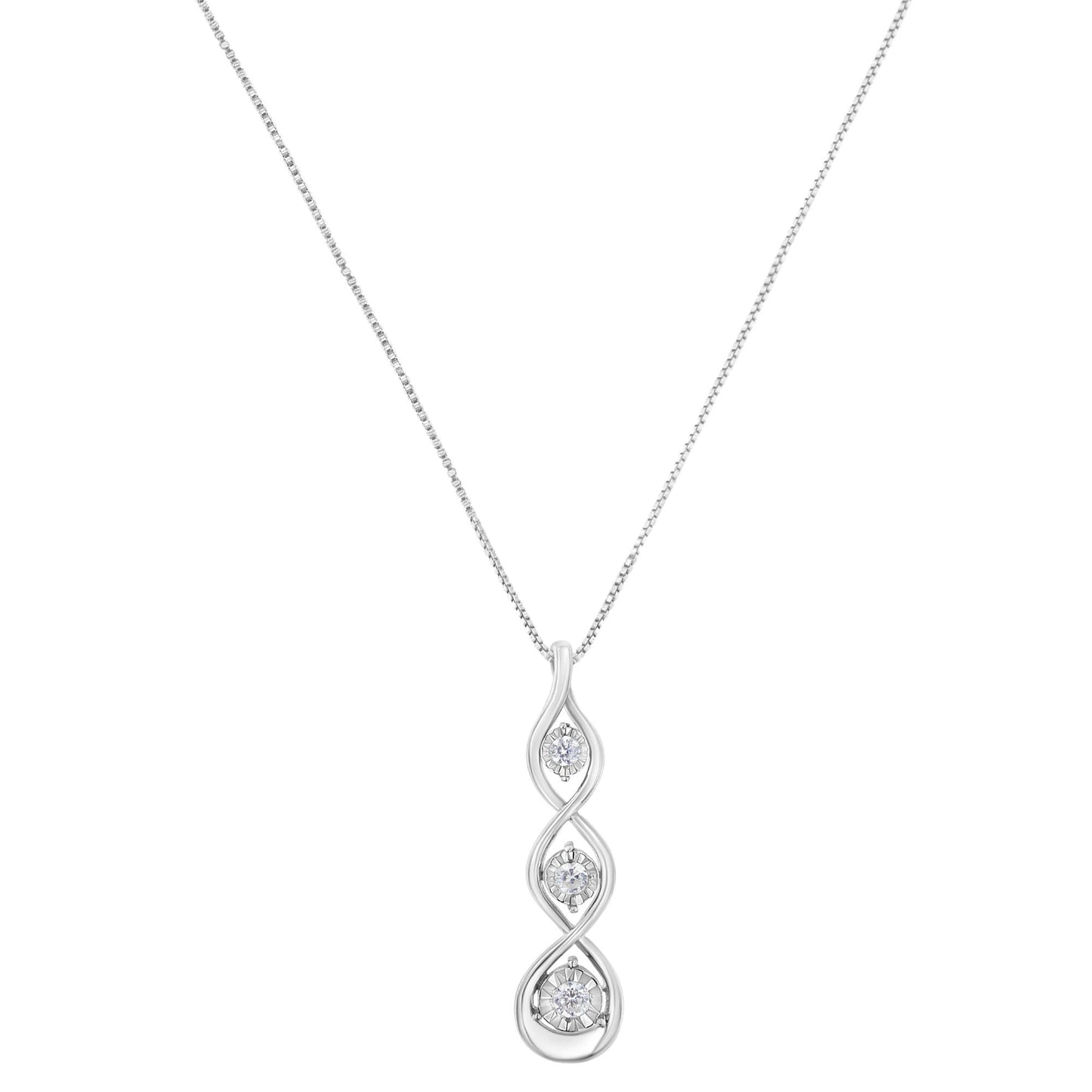 Front view of a white necklace with a pendant featuring three round white gemstones in a vertical twisted setting.
