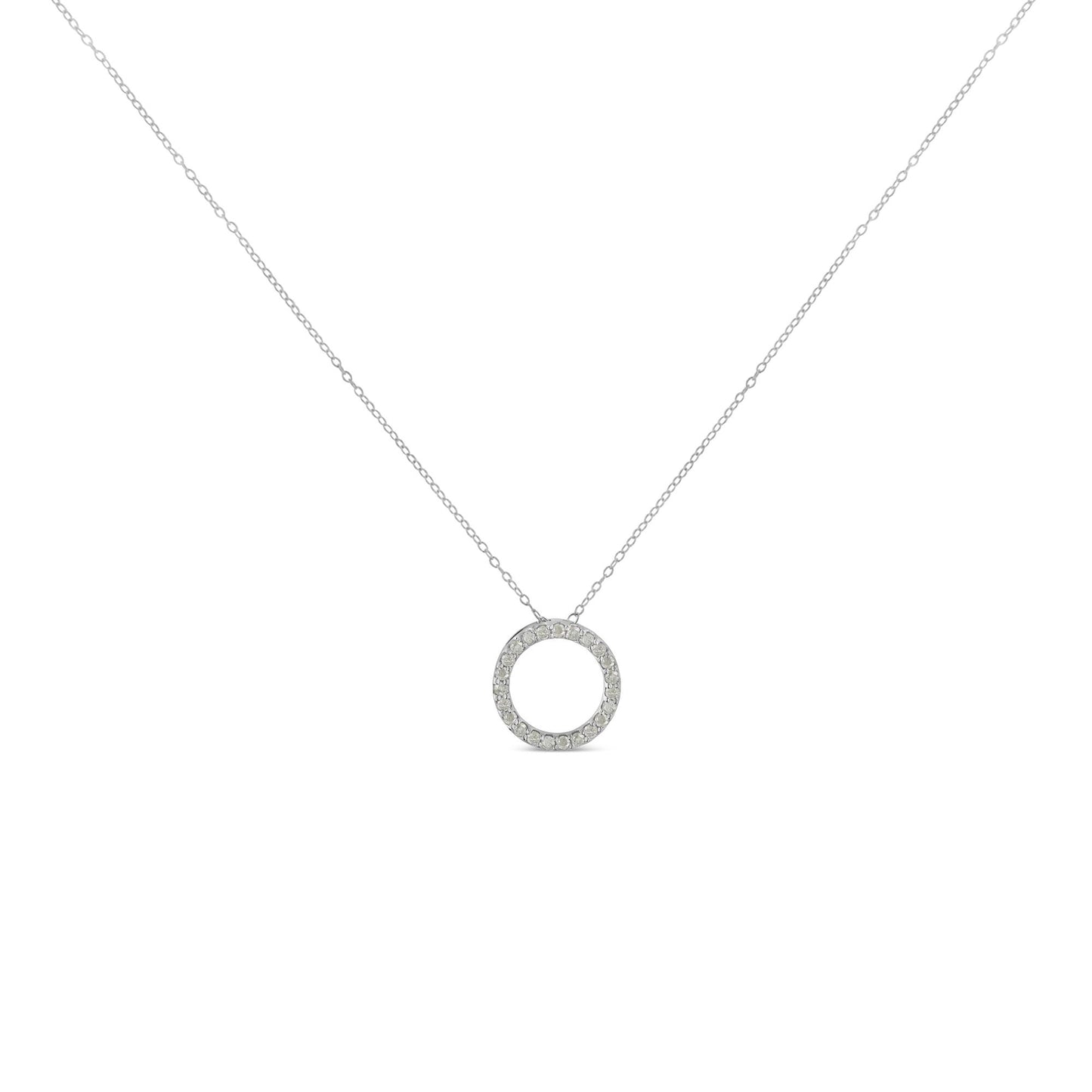 Front view of a white metal necklace with a circular pendant set with round white gemstones in prong settings.