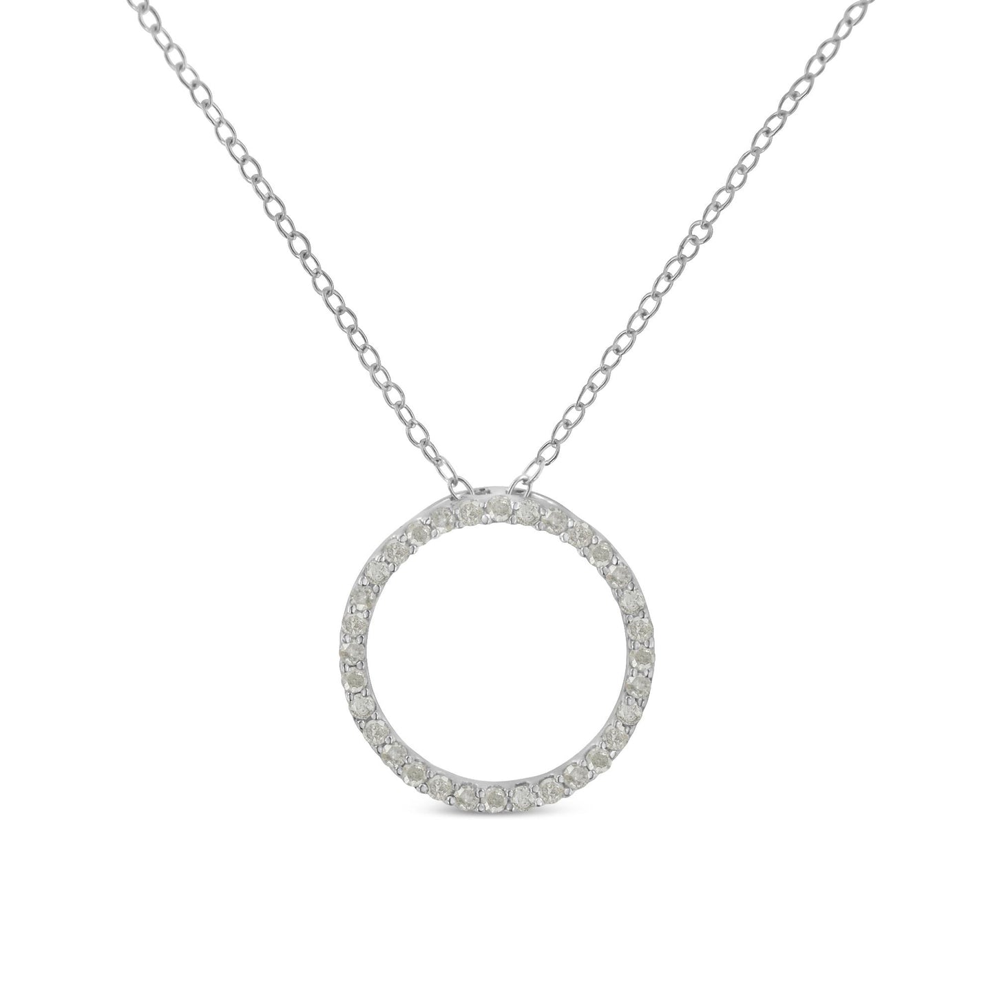 Front-facing shot of a white metal necklace with a circular pendant paved with round white gemstones.