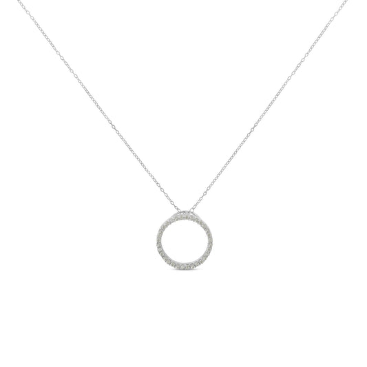 Front view of a white metal necklace with a circular pendant featuring round white gemstones in a pave setting.