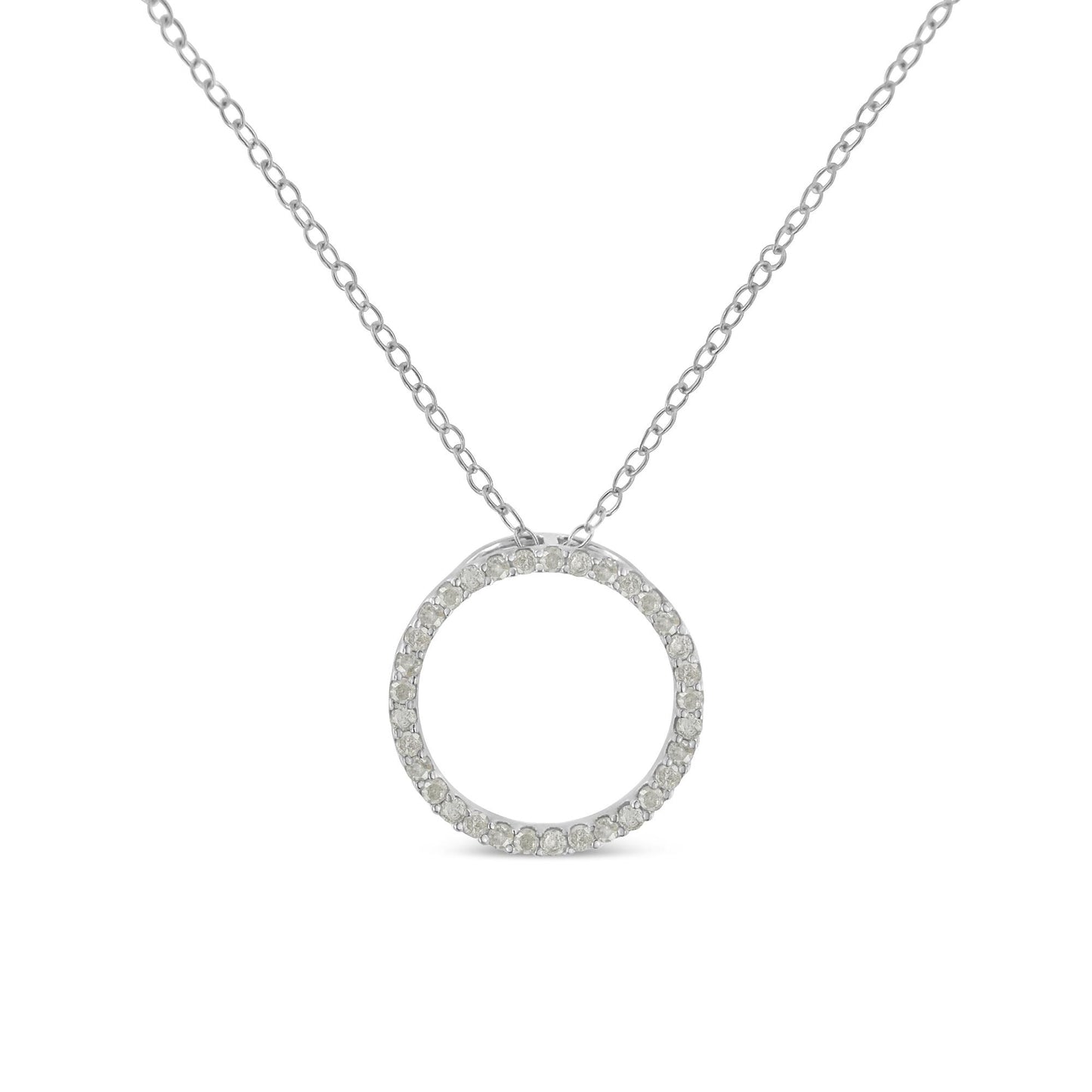 Front view of a white metal necklace with a circular pendant encrusted with round white gemstones in a pave setting.