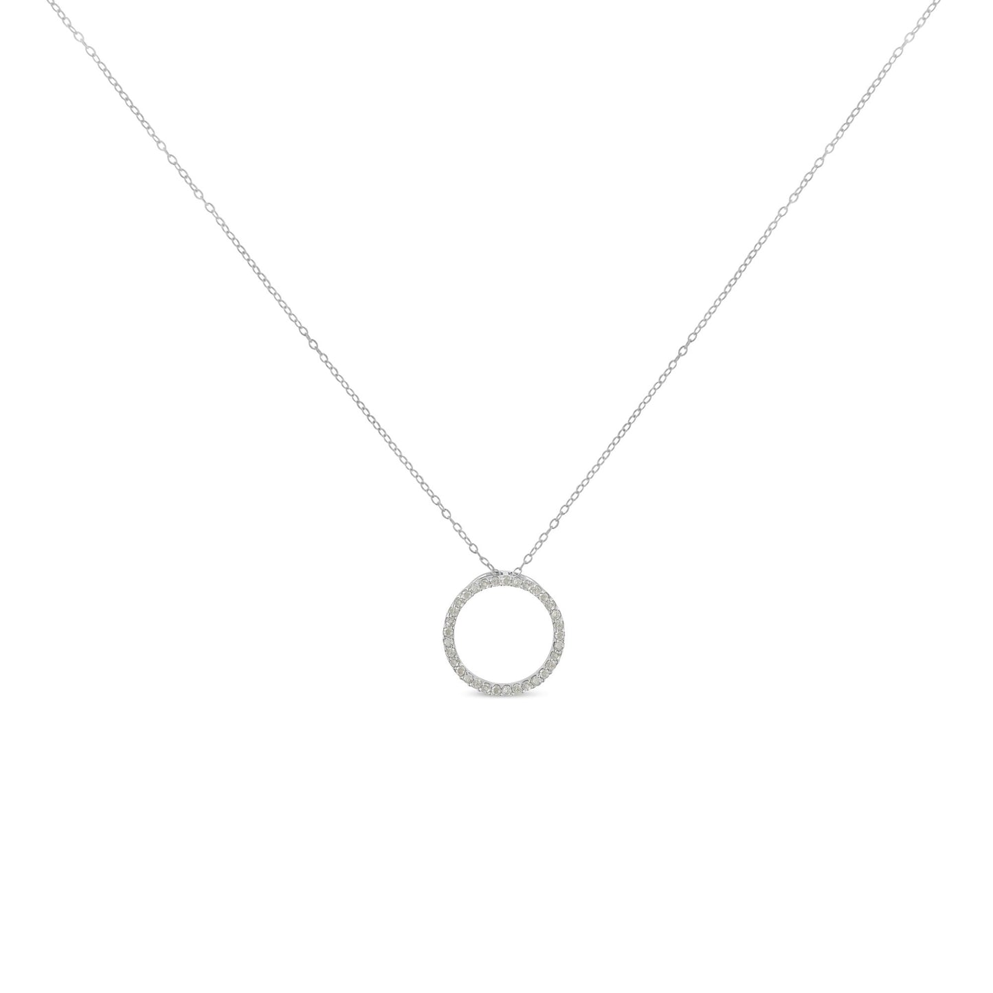 Front view of a white metal necklace with a circular pendant featuring round white gemstones in a pave setting.