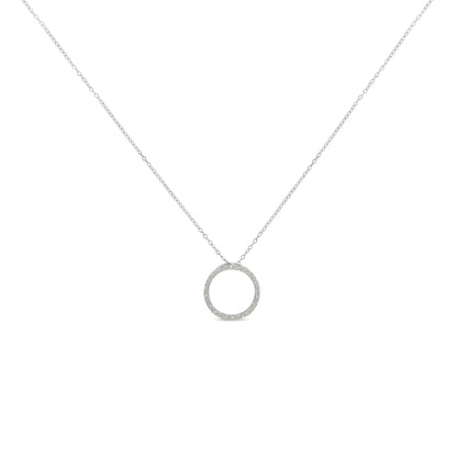 Front view of a white metal necklace with a circular pendant featuring round white gemstones in a pave setting.