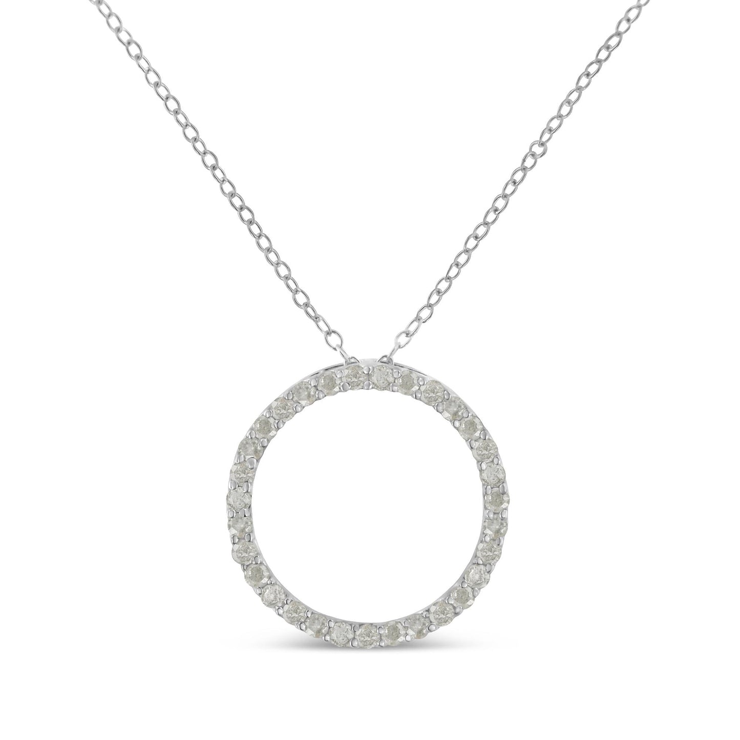 Front view of a white metal necklace with a circular pendant encrusted with round white gemstones in a pave setting.
