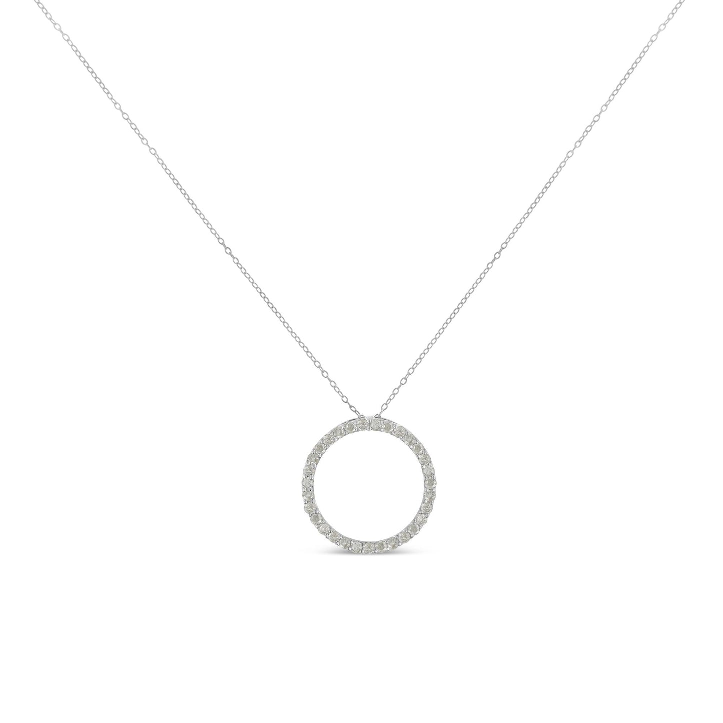 Front-facing shot of a white metal necklace with a circular pendant encrusted with round white gemstones in a pave setting.