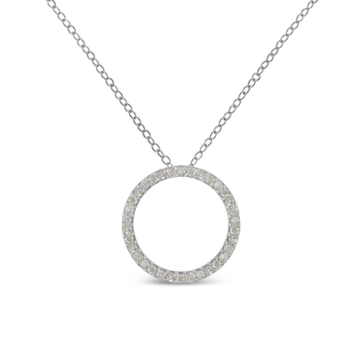 Front-facing close-up of a white metal necklace with a circular pendant paved with round white gemstones.