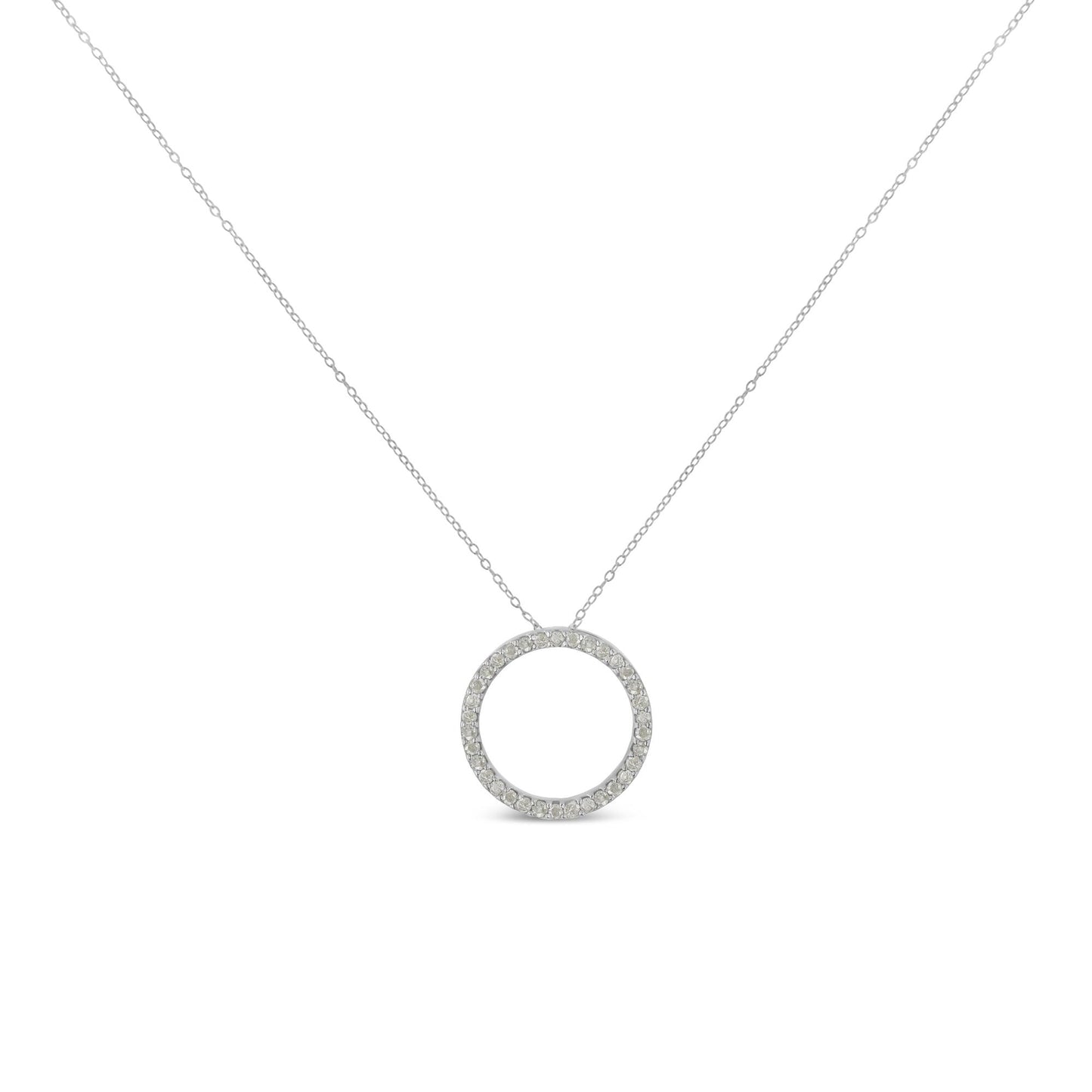 Front view of white metal circular necklace pendant with round white gemstones in pave setting on a delicate chain.