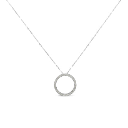 Front view of white metal circular necklace pendant with round white gemstones in pave setting on a delicate chain.