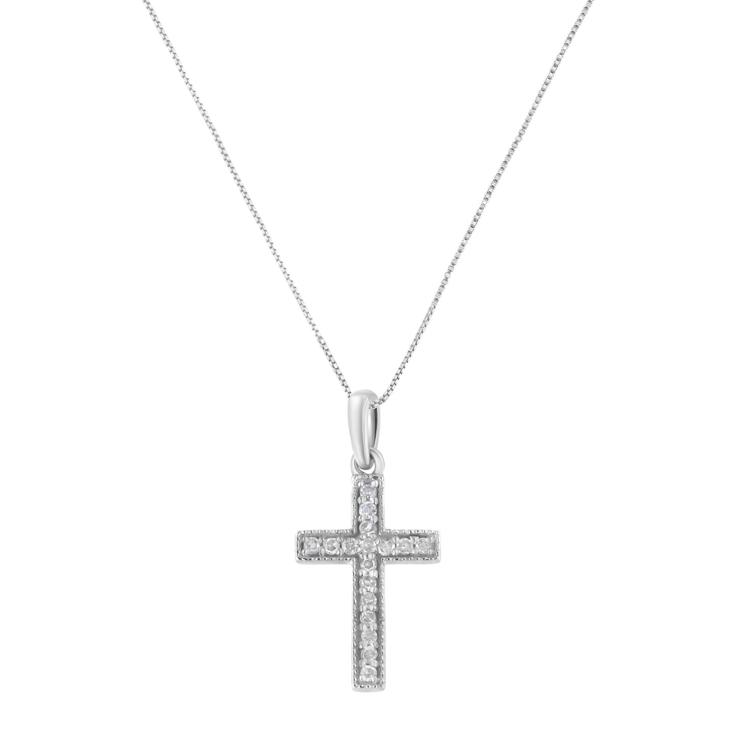 Front-facing shot of a white necklace with a cross-shaped pendant featuring round white gemstones in a prong setting.