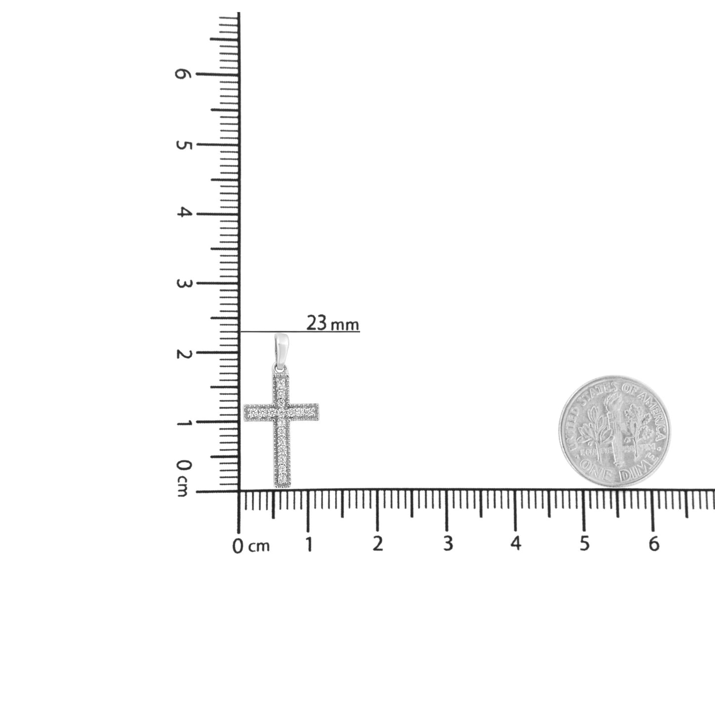 Front view of a white metal cross pendant necklace adorned with round white gemstones in prong settings, displayed on a ruler for size reference.