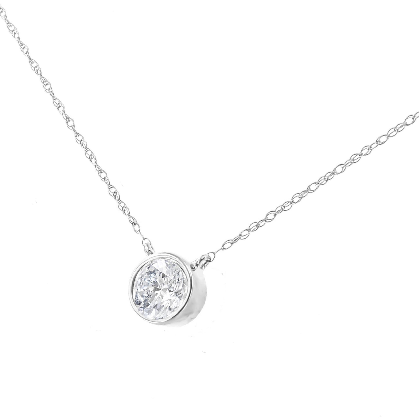 White metal necklace with a round white gemstone in bezel setting, photographed from a slightly angled front view.