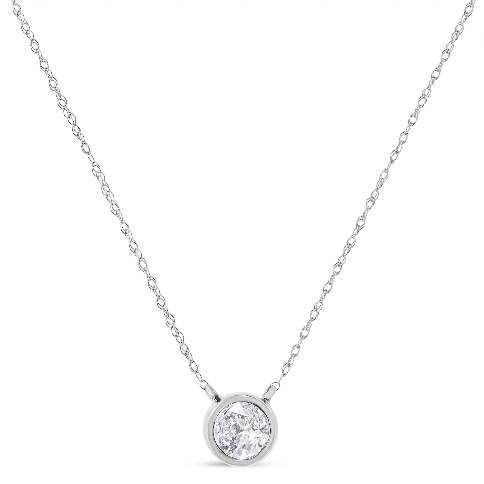 Front view of a white metal necklace with a round bezel-set white gemstone pendant.