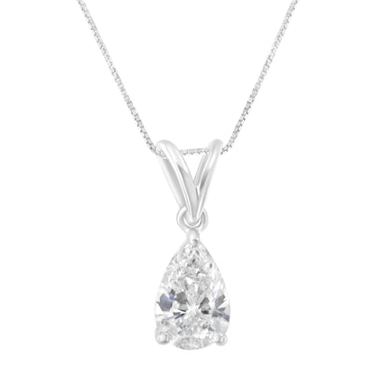 Front-facing image of a white necklace with a pear-shaped white gemstone pendant in prong setting.