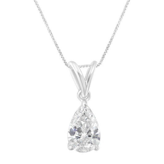 Front-facing image of a white necklace with a pear-shaped white gemstone pendant in prong setting.