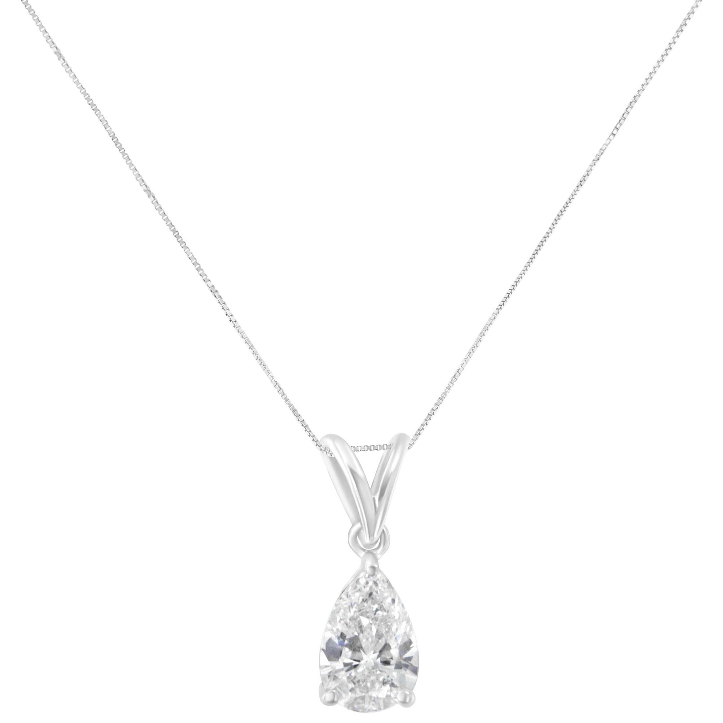 Front view of white metal necklace with a pear-shaped white gemstone in a prong setting pendant.