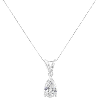 Front view of white metal necklace with a pear-shaped white gemstone in a prong setting pendant.