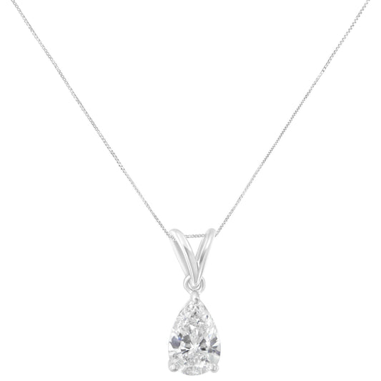 Front view of white metal necklace with a pear-shaped white gemstone in a prong setting pendant.