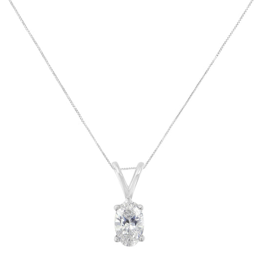 Front view of a white necklace with an oval-shaped white gemstone in prong setting pendant on a thin chain.
