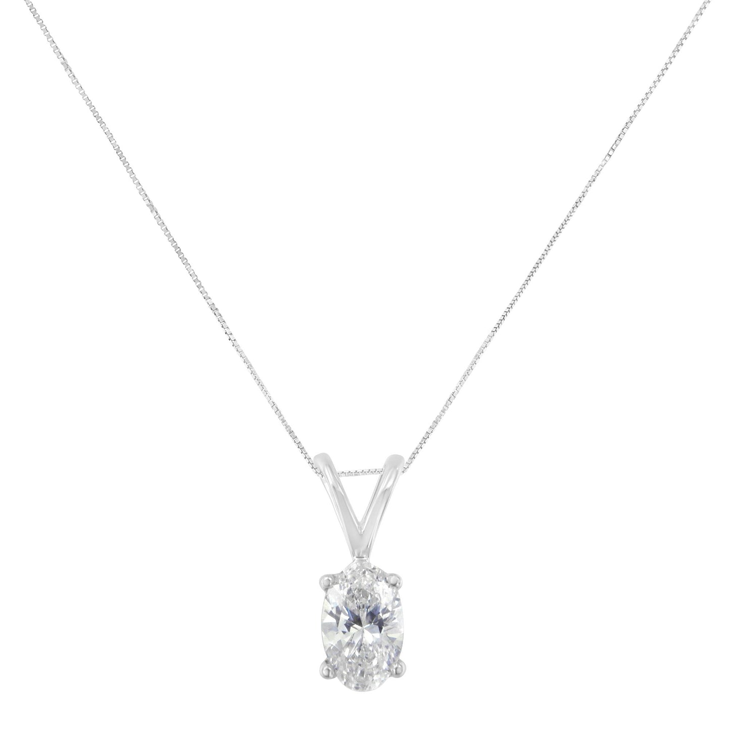 Front view of a white necklace with an oval-shaped white gemstone in prong setting pendant on a thin chain.