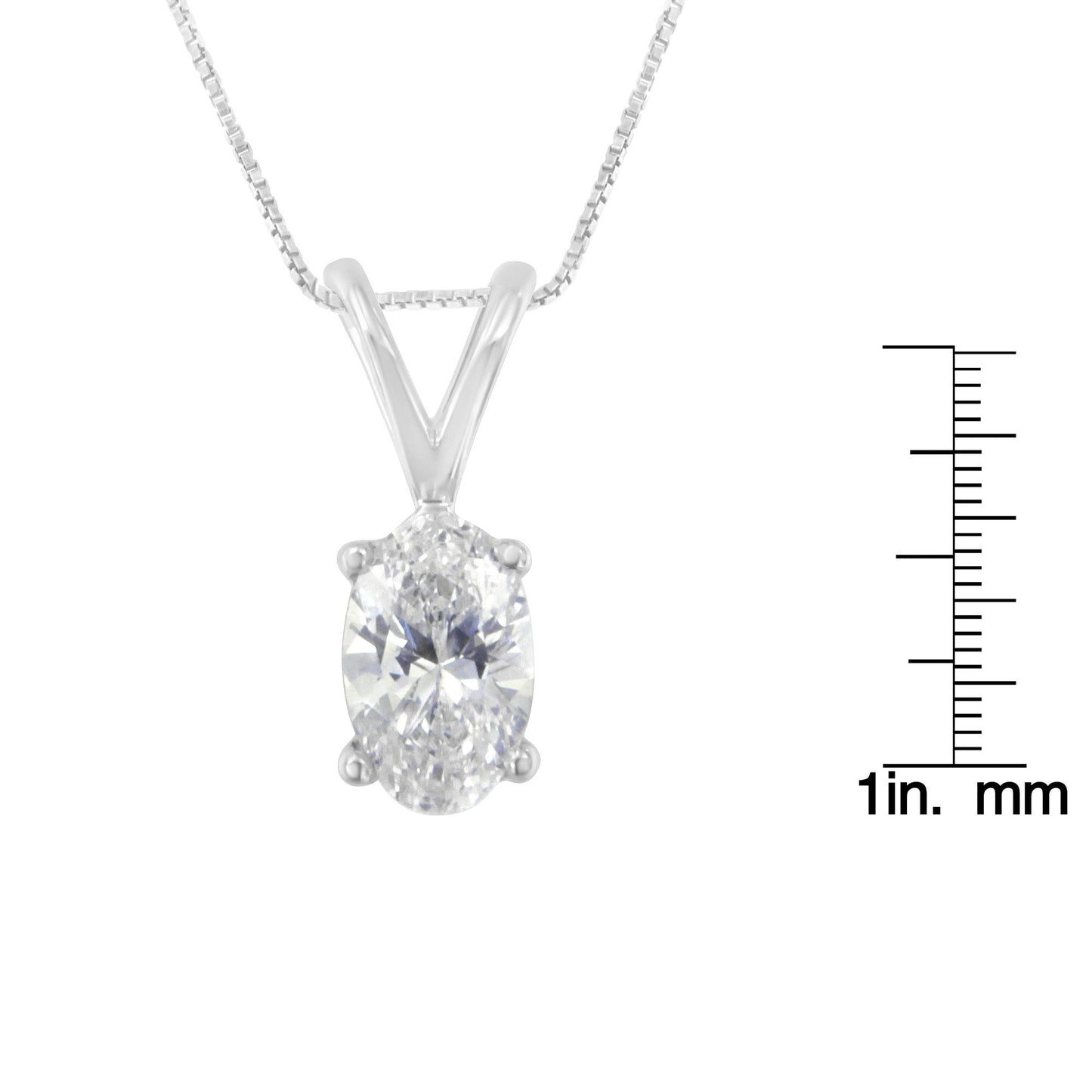 Front view of a white necklace with an oval-shaped white gemstone set in prongs, shown with a size ruler on the right.