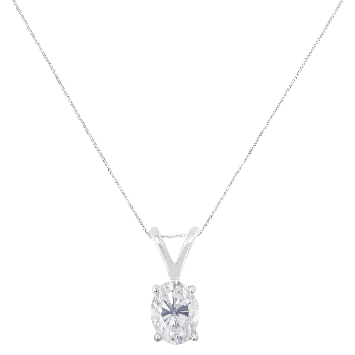 Front view of a white metal necklace with an oval-shaped white gemstone in a prong setting pendant.