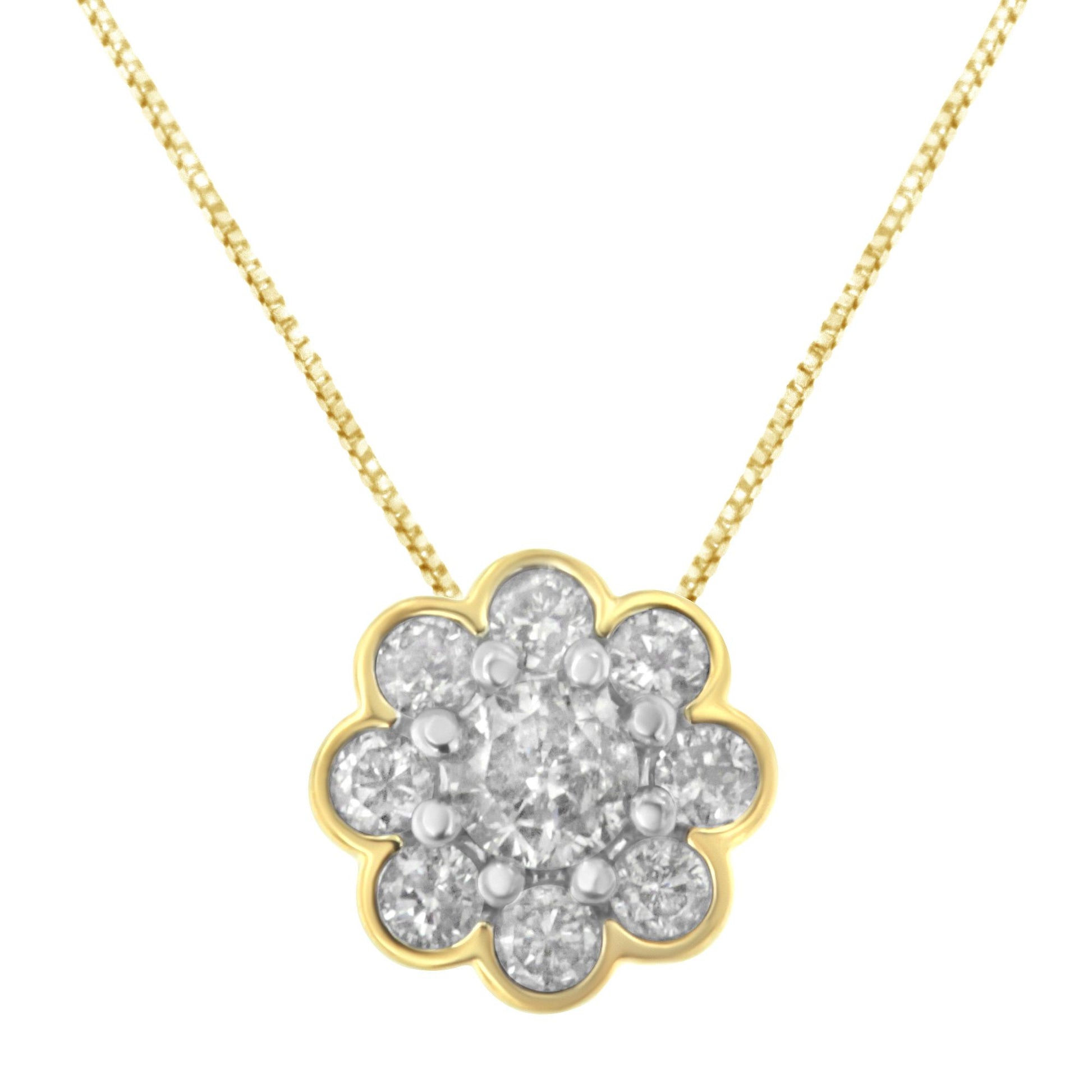 Front-facing shot of a yellow metal necklace with a flower-shaped pendant featuring a central round white gemstone in prong setting surrounded by round white gemstones in miracle setting.