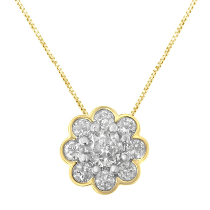 Front-facing shot of a yellow metal necklace with a flower-shaped pendant featuring a central round white gemstone in prong setting surrounded by round white gemstones in miracle setting.