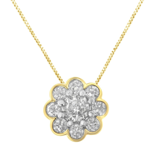 Front-facing shot of a yellow metal necklace with a flower-shaped pendant featuring a central round white gemstone in prong setting surrounded by round white gemstones in miracle setting.