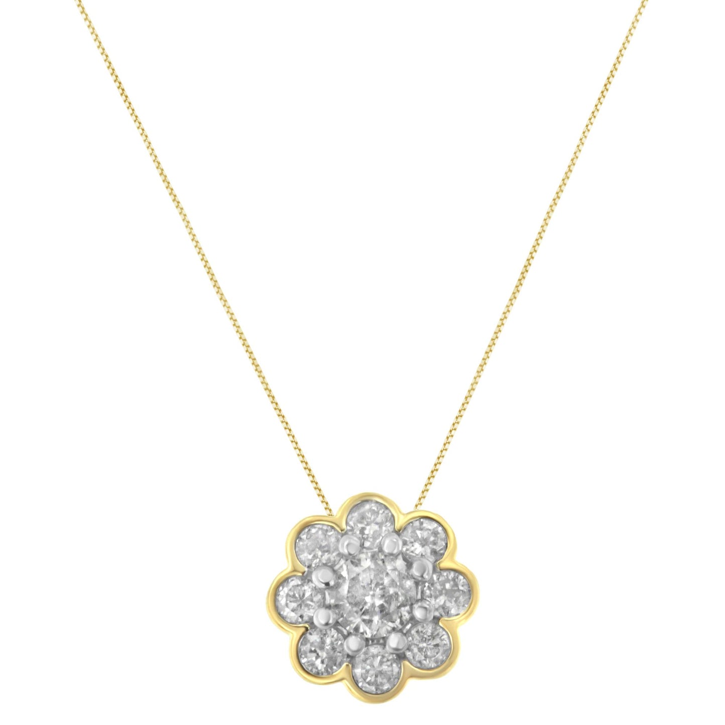 Front view of a yellow metal necklace with a flower-shaped pendant featuring a round white gemstone in prong setting at the center, surrounded by round white gemstones in miracle setting.
