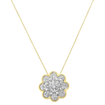 Front view of a yellow metal necklace with a flower-shaped pendant featuring a round white gemstone in prong setting at the center, surrounded by round white gemstones in miracle setting.
