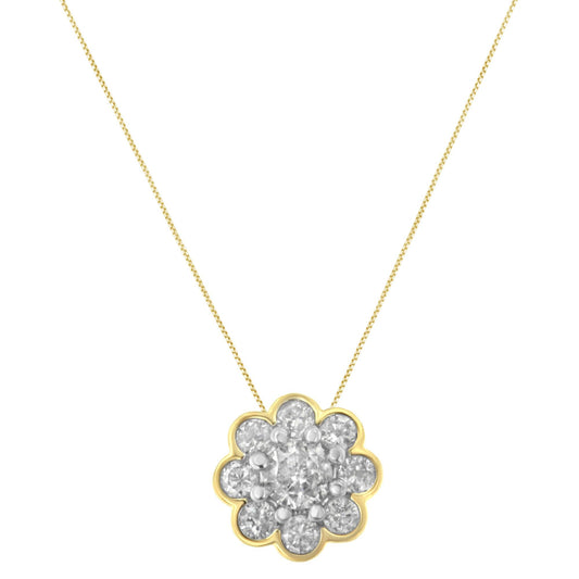 Front view of a yellow metal necklace with a flower-shaped pendant featuring a round white gemstone in prong setting at the center, surrounded by round white gemstones in miracle setting.
