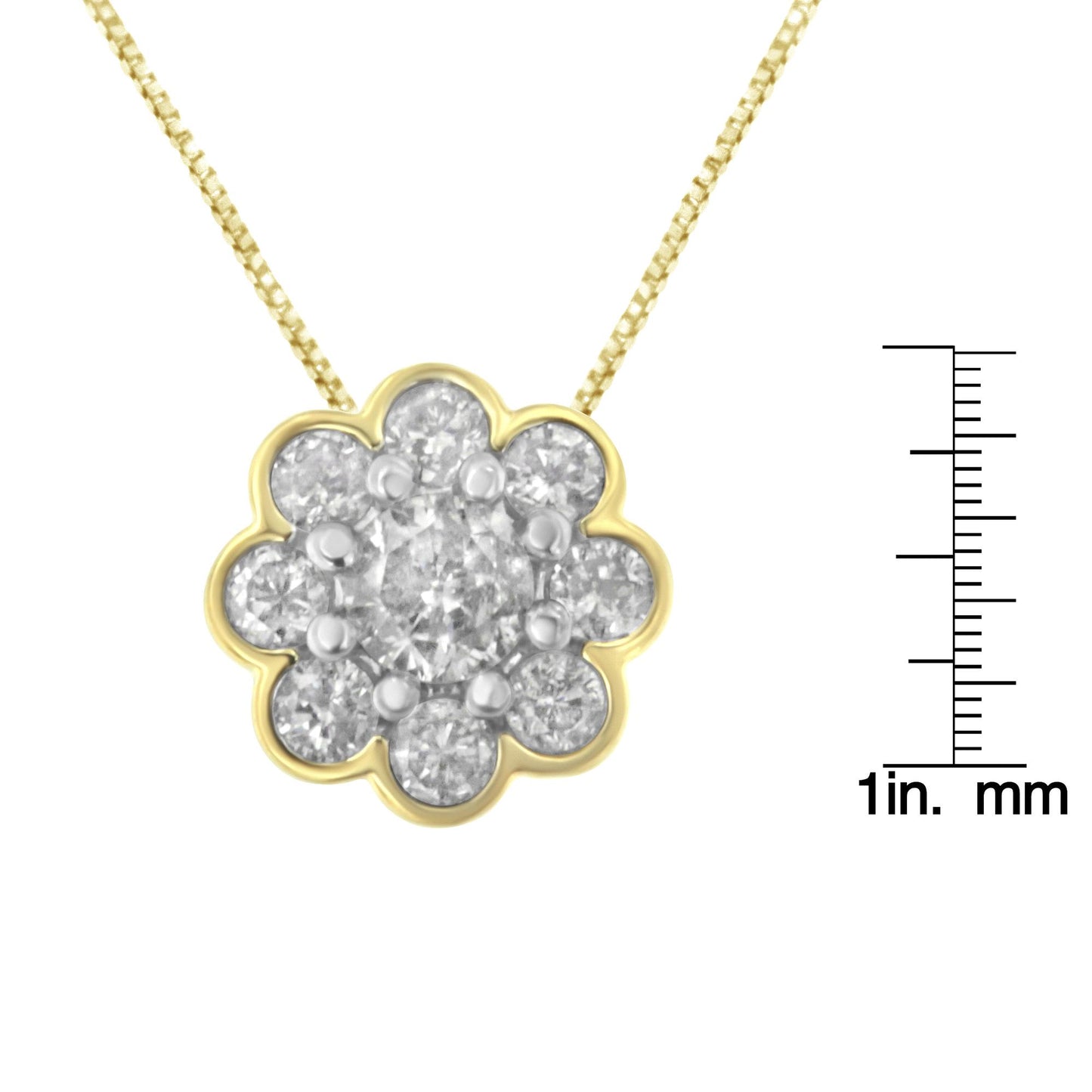 Front view of yellow metal necklace with flower-shaped pendant featuring a central round white gemstone in prong setting surrounded by eight round white gemstones in miracle setting, shown on a scale for size reference.