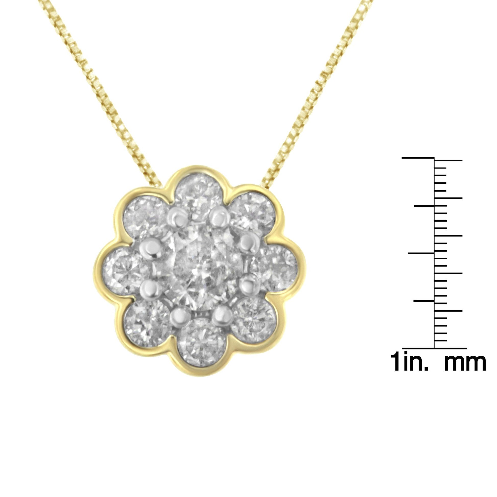 Front view of yellow metal necklace with flower-shaped pendant featuring a central round white gemstone in prong setting surrounded by eight round white gemstones in miracle setting, shown on a scale for size reference.