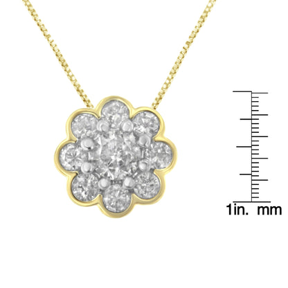 Front view of yellow metal necklace with flower-shaped pendant featuring a central round white gemstone in prong setting surrounded by eight round white gemstones in miracle setting, shown on a scale for size reference.