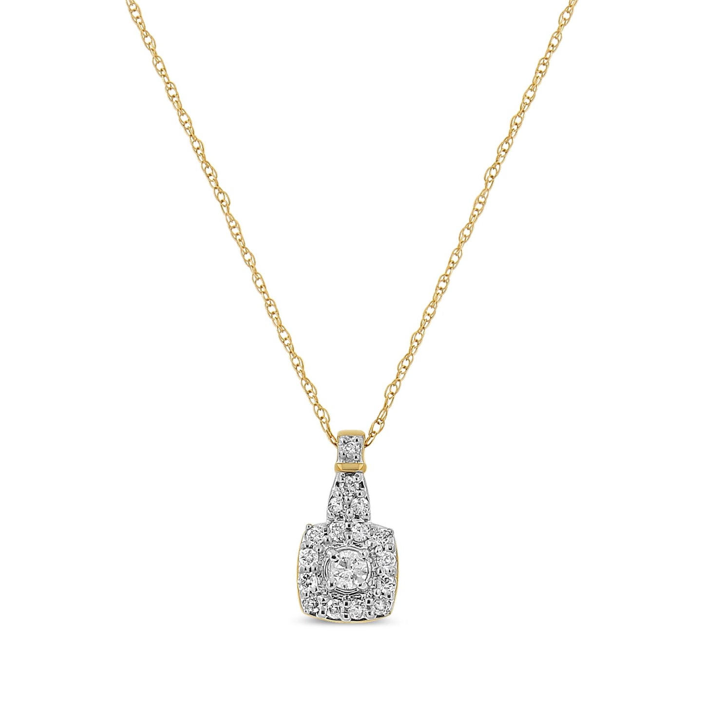 Front-facing view of a yellow necklace with a pendant featuring multiple white round gemstones in pave and prong settings.