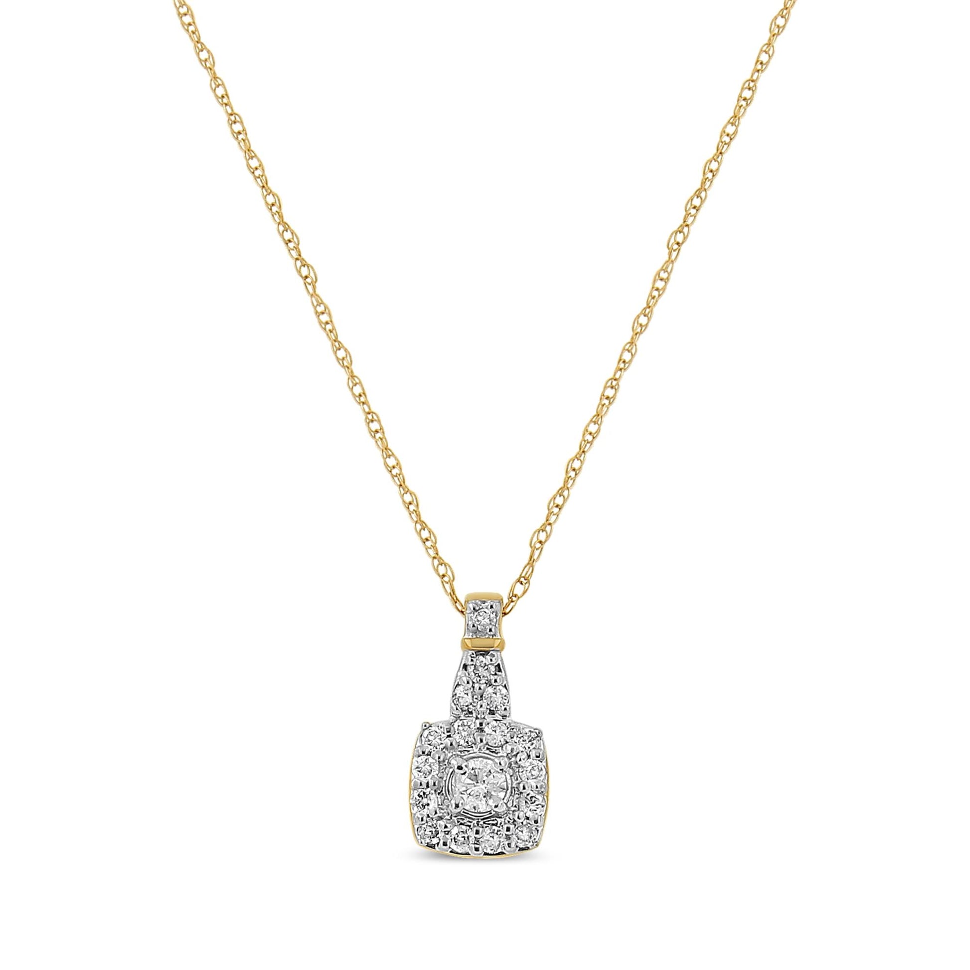 Front-facing view of a yellow necklace with a pendant featuring multiple white round gemstones in pave and prong settings.