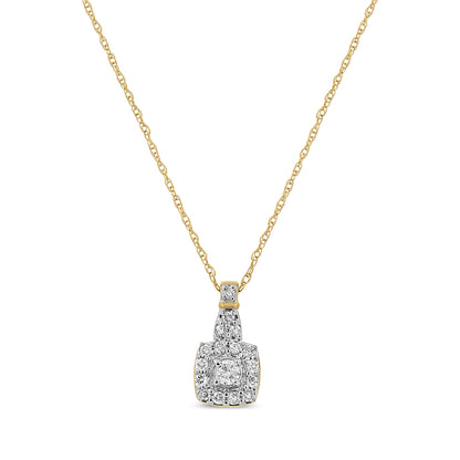 Front-facing view of a yellow necklace with a pendant featuring multiple white round gemstones in pave and prong settings.