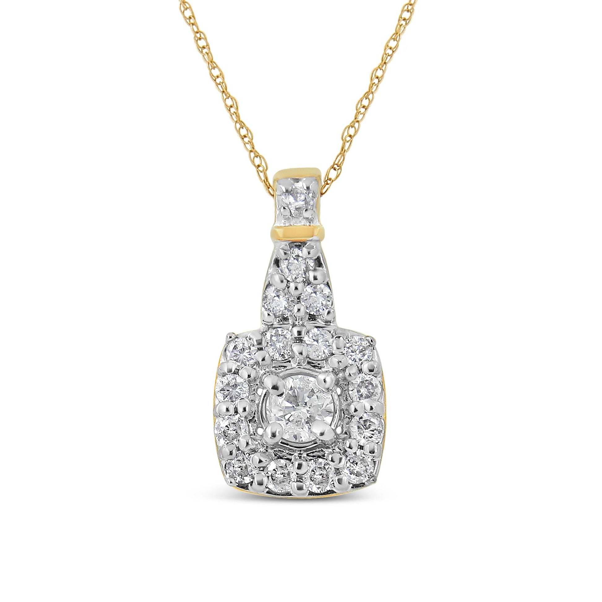 Front-facing shot of a yellow metal necklace with a pendant featuring a central round white gemstone in prong setting surrounded by smaller round white gemstones in both prong and pave settings.