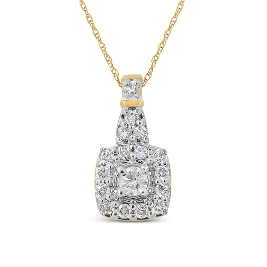 Front-facing shot of a yellow metal necklace with a pendant featuring a central round white gemstone in prong setting surrounded by smaller round white gemstones in both prong and pave settings.