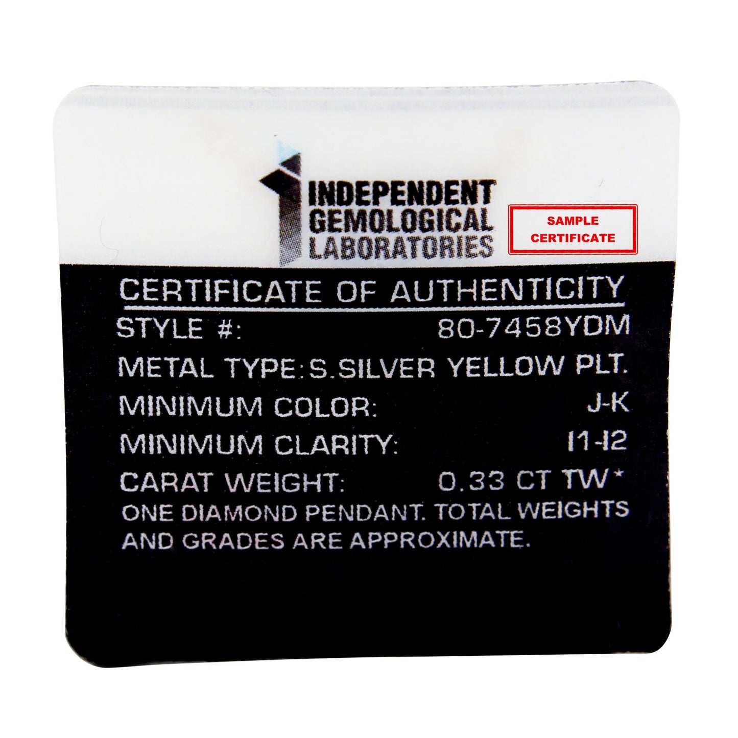 Image of a certificate of authenticity for a necklace with yellow metal color, featuring one round white gemstone in pave setting and multiple round white gemstones in prong setting, shown from a front-facing angle.