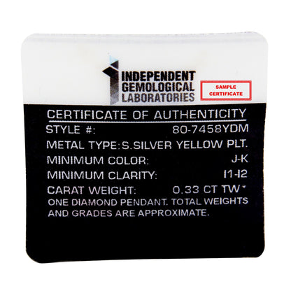 Image of a certificate of authenticity for a necklace with yellow metal color, featuring one round white gemstone in pave setting and multiple round white gemstones in prong setting, shown from a front-facing angle.