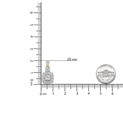 Yellow metal necklace pendant with multiple white gemstones, including one with pave setting and several with prong settings, shown on a ruler for size reference from a frontal angle.