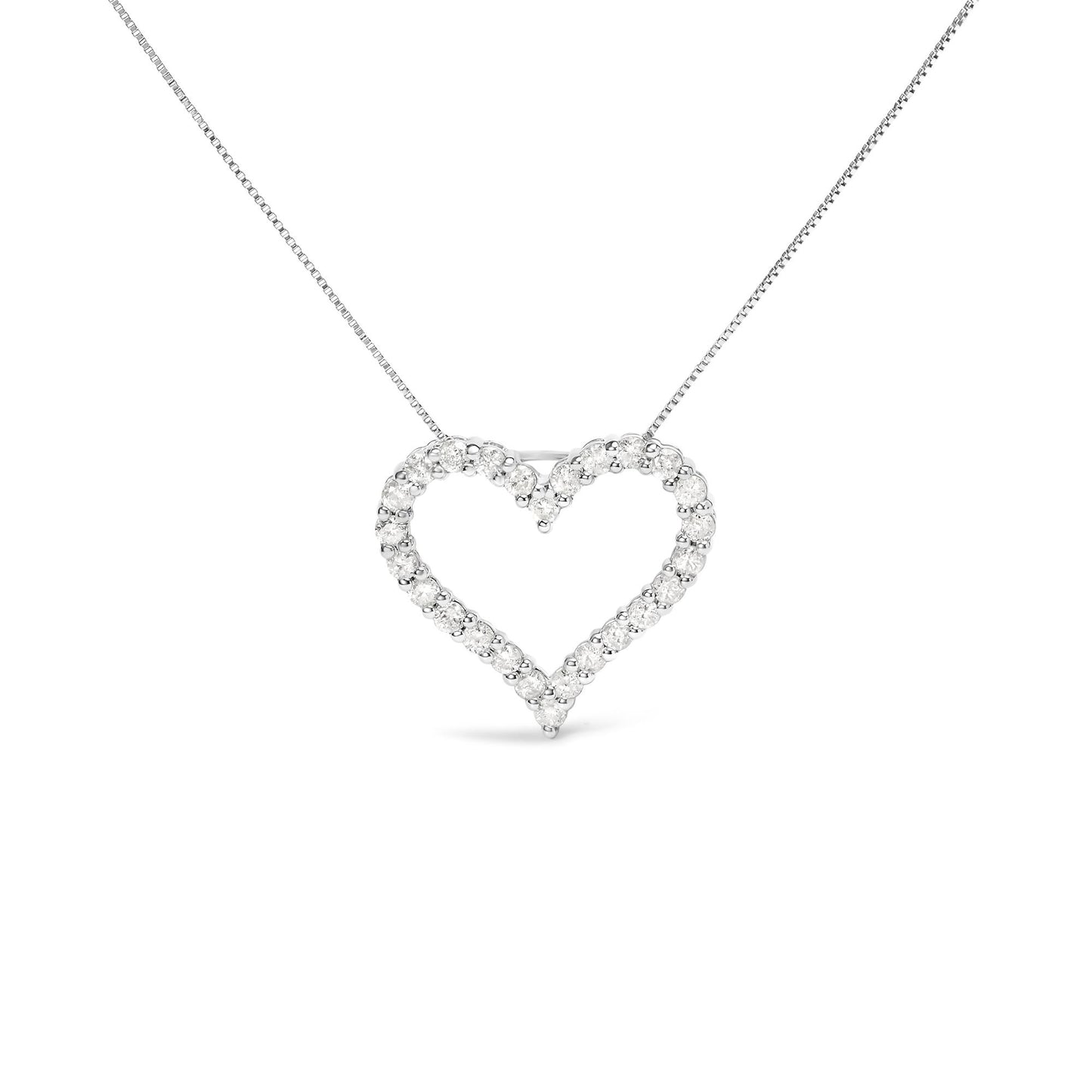 Front view of a white metal heart-shaped necklace pendant with round white gemstones in a shared prong setting on a chain.