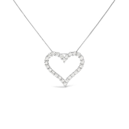 Front view of a white metal heart-shaped necklace pendant with round white gemstones in a shared prong setting on a chain.