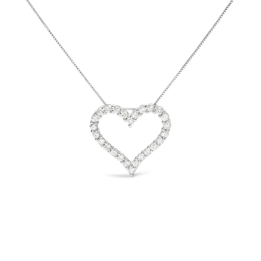 Front view of a white metal heart-shaped necklace pendant with round white gemstones in a shared prong setting on a chain.