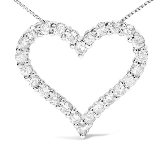 Close-up front view of a white metal heart-shaped necklace pendant with round white gemstones in a shared prong setting.