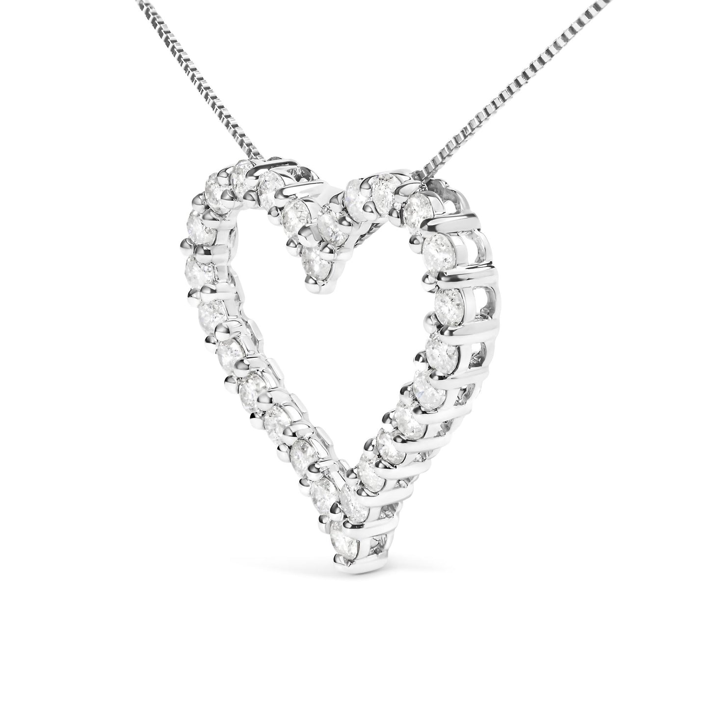 White metal heart-shaped necklace pendant with round white gemstones in a shared prong setting, shown in a front angled close-up view.