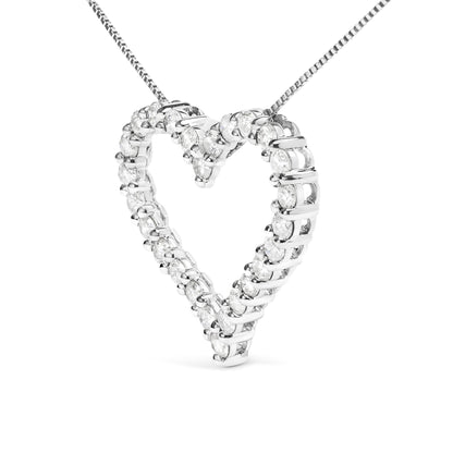 White metal heart-shaped necklace pendant with round white gemstones in a shared prong setting, shown in a front angled close-up view.