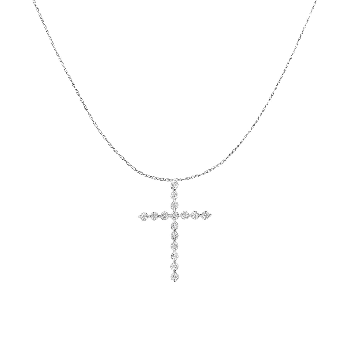 Front view of a white metal necklace with a cross-shaped pendant set with round white gemstones.